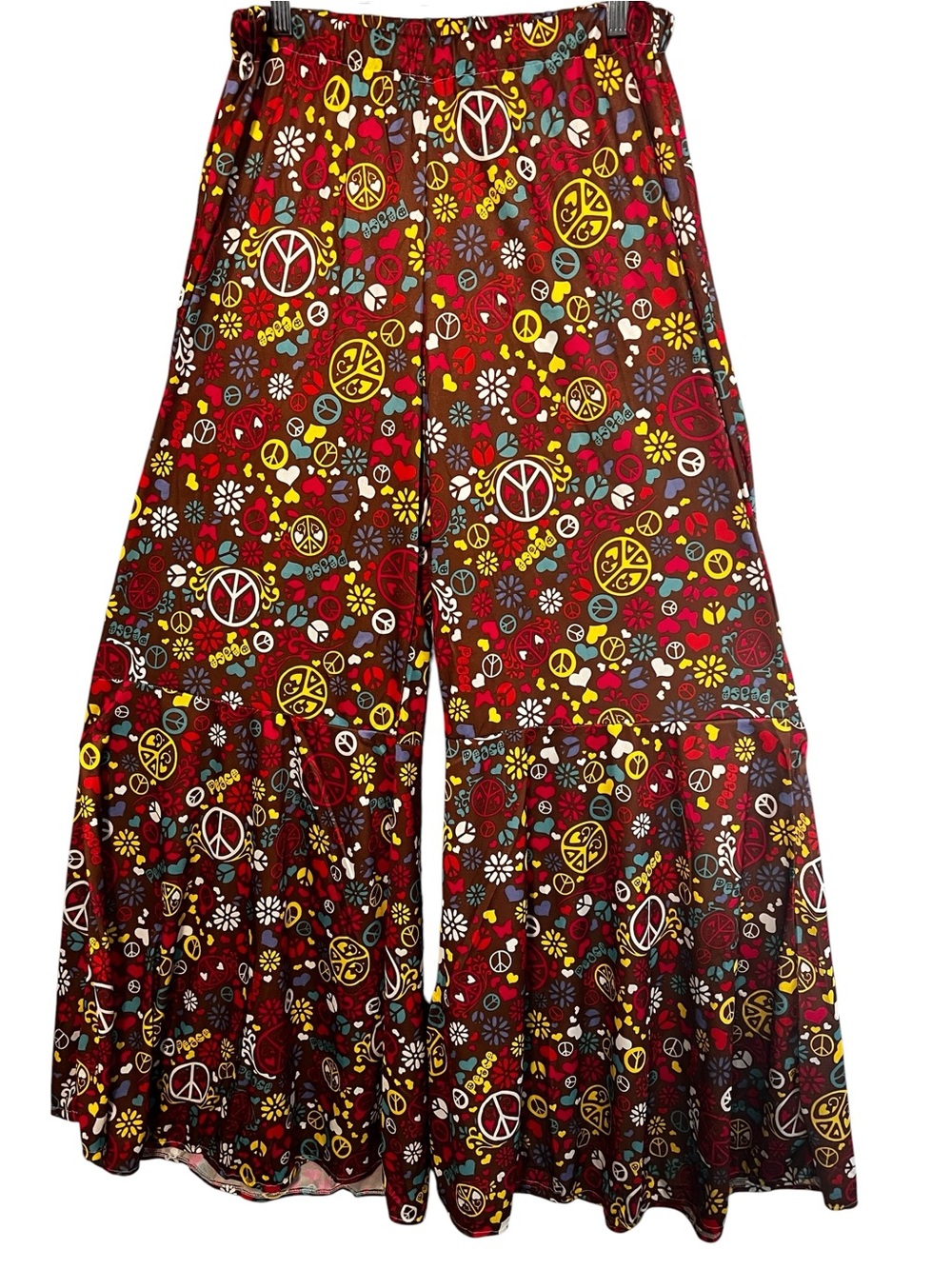 Peace Sign Floral Wide-Leg Boho Pants - Red Multicolor